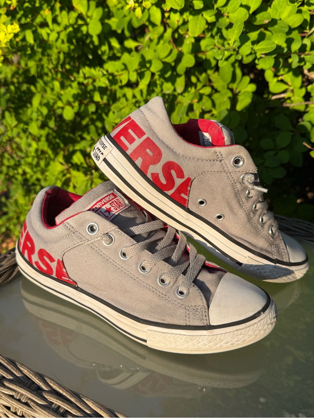 Converse Kids Low Top Canvas Sneakers - Slip In or Tie - Gray & Red - Size 5
